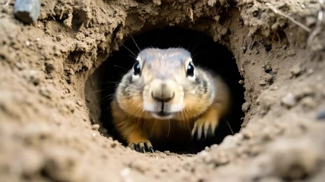 A curious gopher emerges from its burrow, its beady eyes fixed directly on the viewer, embodying playful curiosity and the quiet life in nature.