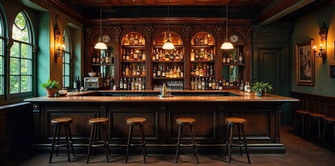 Step Back in Time Vintage Bar with Aged Wood, Ornate Details, and Classic Barware ? Evoking Nostalgia and Old-World Charm