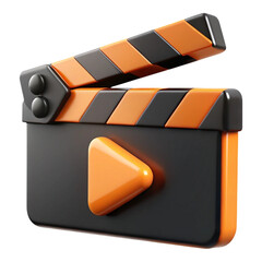 3 D rendered stylized movie clapperboard with black and orange color scheme and a play button icon isolated on a transparent background