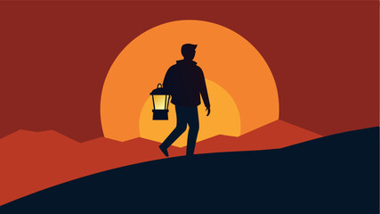Fototapeta premium A silhouette of a person holding a glowing lantern walking towards the light of a sunset symbolizing the importance of seeking help and support for mental health and brain. Vector illustration