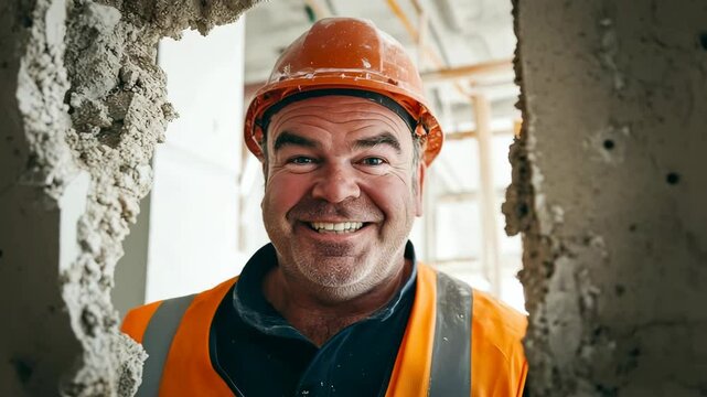 A construction worker is giving a thumbs up while looking at the camera through a break in the wall