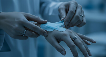 Fototapeta premium Applying light blue medical bandage to wrist