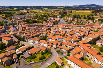 General view of commune of Craponne-sur-Arzon in green valley of Haute-Loire department in south...
