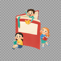 Happy Children Reading Books Around Giant Storybook Illustration

