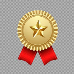 Gold Star Award Medal with Red Ribbon – Excellence Badge on Transparent Background

