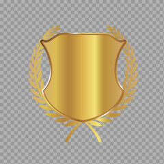 Golden Shield Emblem with Laurel Wreath – Prestige Security or Award Symbol on Transparent Background

