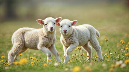 Obraz premium Lambs playing in spring meadow with flowers