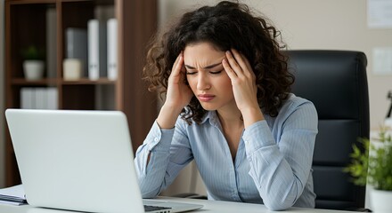 This image shows a stressed woman with curly hair, holding her temples, likely due to a headache at her desk.