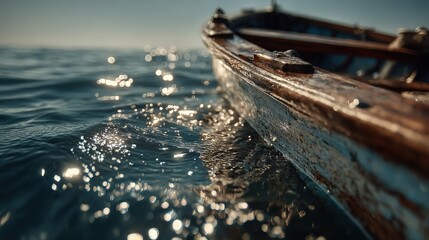 Boat edge reflecting over still ocean water, cinematic