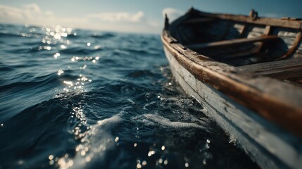 Boat edge reflecting over still ocean water, cinematic