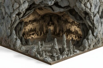 Fototapeta premium Cave Interior, Stalagmites, Diorama, Isolated, White Background, Geology, 3D Render