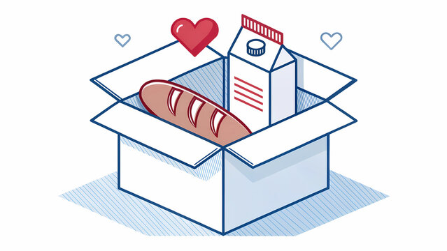 Food donation box charity drive illustration with bread milk and heart for community support program