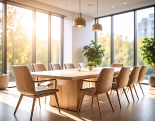 Blurred Modern Office Interior with Sunlight and Glass Walls