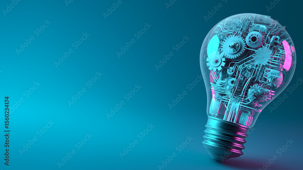 Poster light bulb filled with gears and circuits symbolizes innovation and technology against blue backgrou