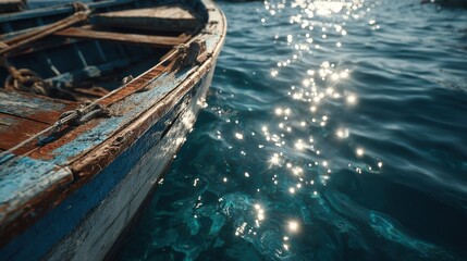Obraz premium Partially visible boat in blue water with sun flare 