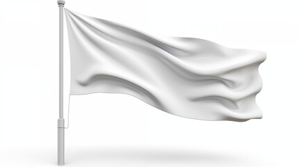 Realistic 3D vector illustration of a white flag waving gently on a tall flagpole, isolated on a pure white background. Symbolizes peace, surrender, neutrality, freedom, or diplomatic gesture