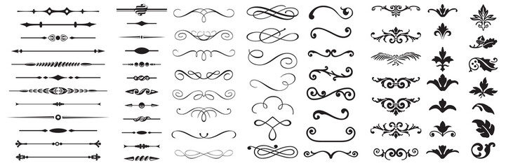 Set or collection of vector filigree flourishes for design. Decorative elements collection.