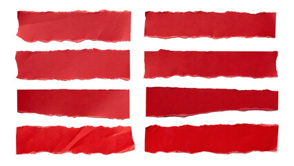 Several red pieces of torn paper are isolated on transparent background