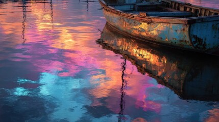Soft pastel colors reflecting on a boat's hull at sunset 