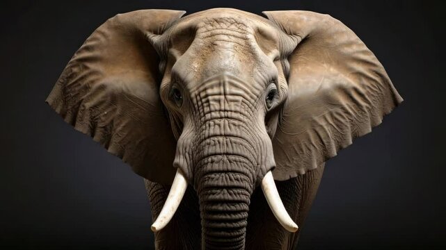 Majestic elephant portrait, front-facing view on dark background. This powerful image captures the essence of the elephant's grand nature and imposing size. 