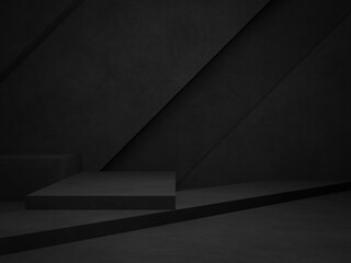 3D dark concrete background. Black geometric cement room