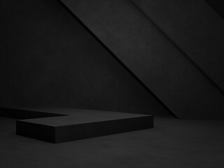 3D dark concrete background. Black geometric cement room