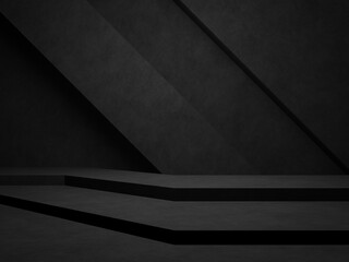 3D dark concrete background. Black geometric cement room