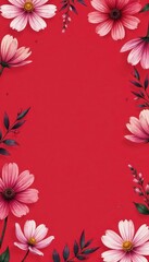 Obraz premium Romantic watercolor cosmos bouquet, seamless red background pattern , cosmos flowers, seamless