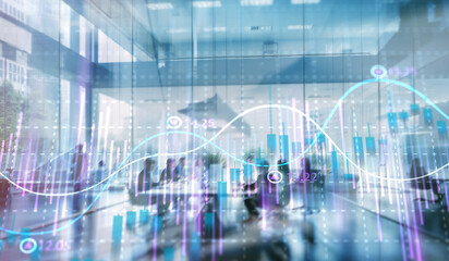Stock market business concept. Financial graphs and digital indicators with modern city background