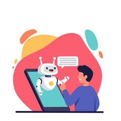 Friendly robot chatting with a smiling man through a smartphone screen. Concept of AI assistant, chatbot interaction, or virtual communication in flat vector style