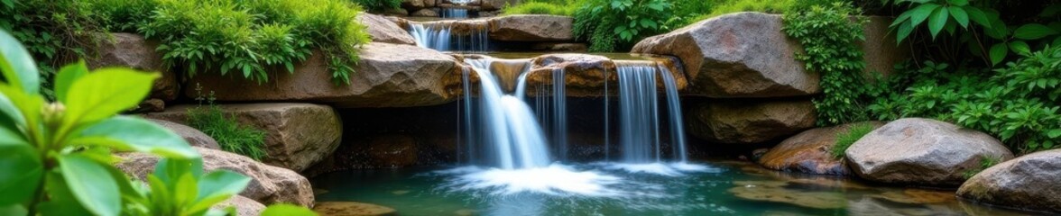 Obraz premium Rustic garden waterfall, water gently flowing over tiered rocks , image, rustic