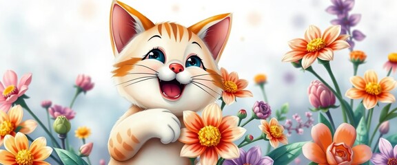 Happy cartoon cat clutching colorful flowers, watercolor style,  joyful,  adorable