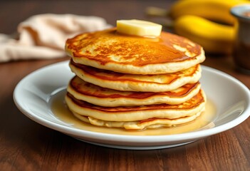 Golden-brown classic butter pancakes, fluffy, stacked on a white plate,  meal,   buttery