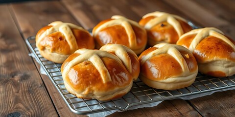 Golden-brown hot cross buns, cooling on a rustic wooden table, ready for tea, bread, coffee