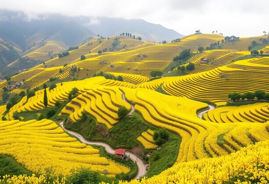 Golden rape blossoms blanket terraced fields in Luoping, Yunnan's valley Stunning vista,   sunlit,  agriculture