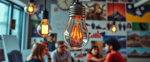 Faded lightbulb, collaborative brainstorming session depicted in contemporary art collage, office, meeting
