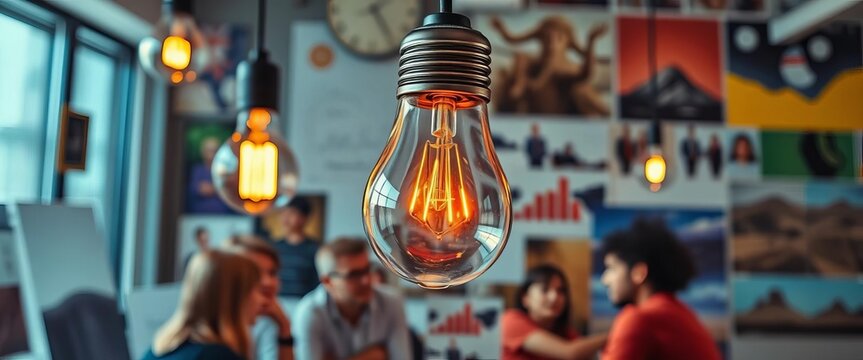 Faded lightbulb, collaborative brainstorming session depicted in contemporary art collage, office, meeting