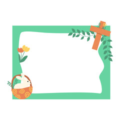 Easter eggs holiday photo frame background with easter eggs, flowers, bunny decoration. Vector illustration.