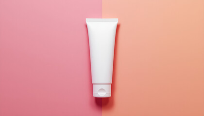 Blank white cosmetic cream tube mockup on a split background of pink and peach colors showcasing product packaging design presentation and beauty marketing.