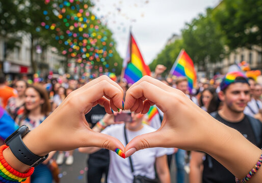 Hands forming a heart shape against a vibrant rainbow flag, symbolizing love, acceptance, and support for LGBTQ+ pride and diversity