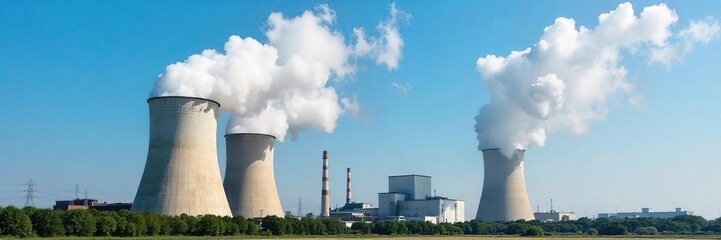 Industrial Cooling Towers Majestic Vapor Plumes against a Clear Blue Sky.  Essential for Thermal Energy Dissipation in Power Plants and Industrial Settings.