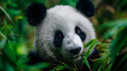 Fototapeta premium Cute panda bear eating bamboo in natural habitat wildlife photography adorable animal photo background 100