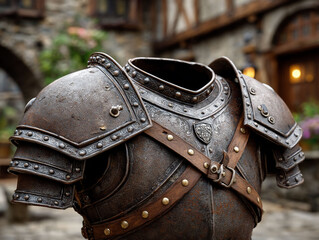 Ornate weathered medieval chest plate armor