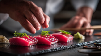 料理人が丁寧に刺身を盛り付ける