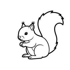 Fototapeta premium A charming cartoon squirrel holding a nut. This black and white outline drawing is ideal for coloring activities, nature illustrations, and children's educational content.