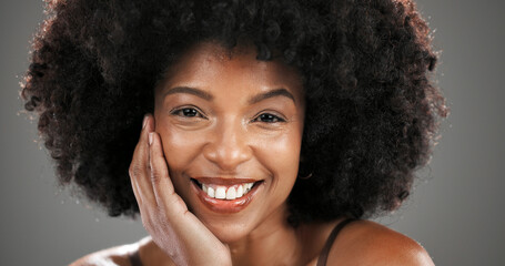 Afro woman, happy or portrait with skincare glow with hydration results, space and shine. Smile,...