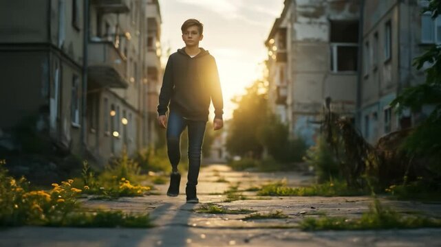 Man walking alone through abandoned urban ruins with overgrown nature reclaiming the broken infrastructure