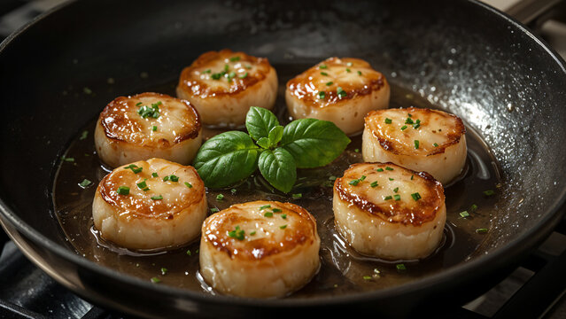 Oven-roasted scallops with herbs on black tray. Crispy and flavorful golden tops with fresh ingredients around. Festive meal idea for National Baked Scallops Day