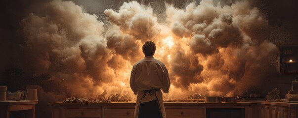 Dramatic Kitchen Explosion With Chef in Background, Showcasing Chaos and Unexpected Events in Culinary Environment