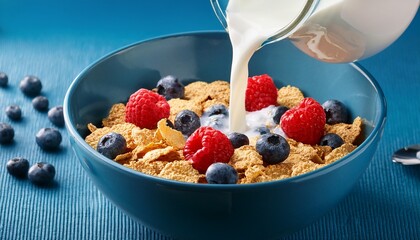 milk being poured over cereal with raspberries and blueberries in blue bowl